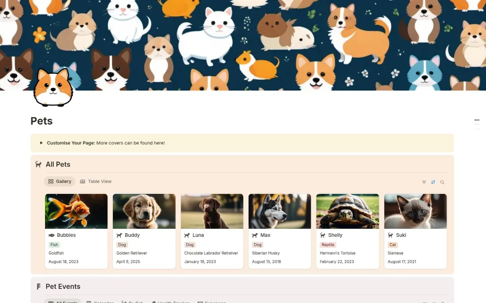 Pets template in Notion